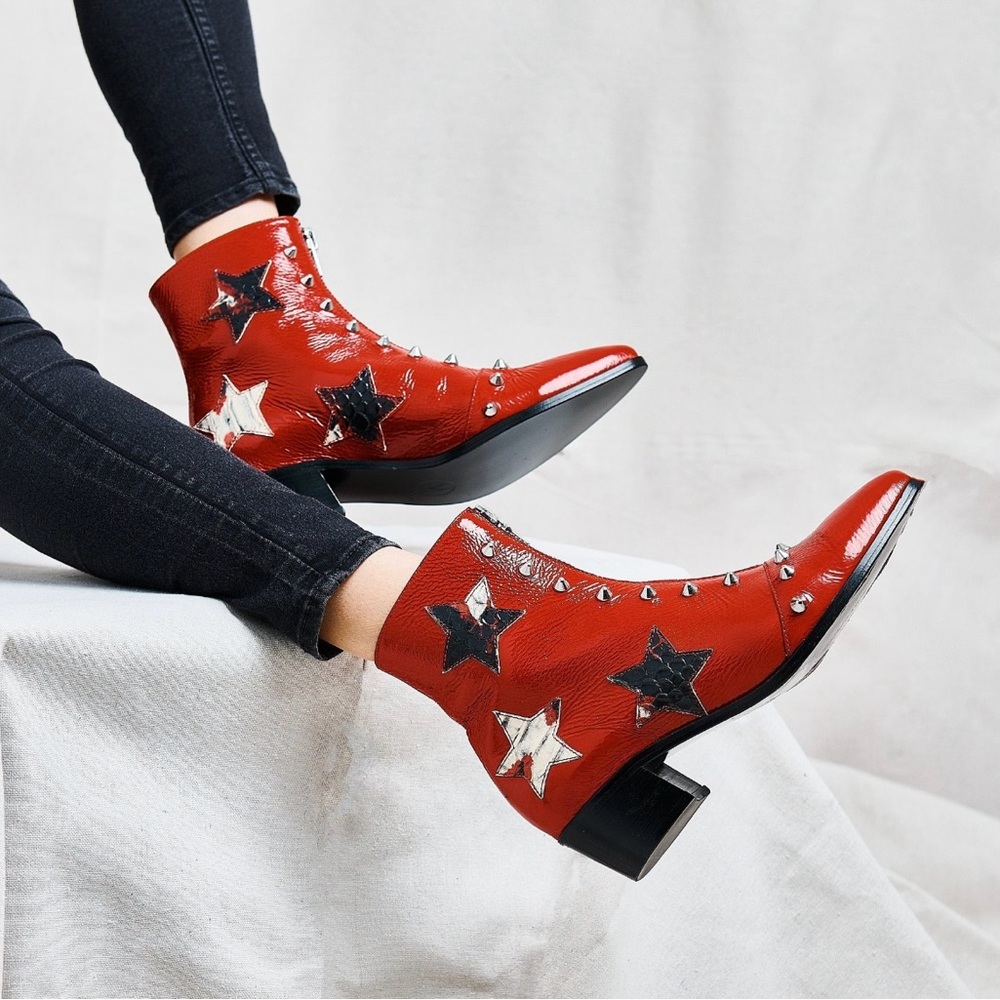 Modern Vice Red Leather Ankle Boots with Stars and Studs